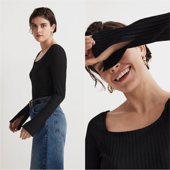 Madewell Top Ribbed Square-Neck Long-Sleeve Tee True Black M NWT New - Picture 2 of 12